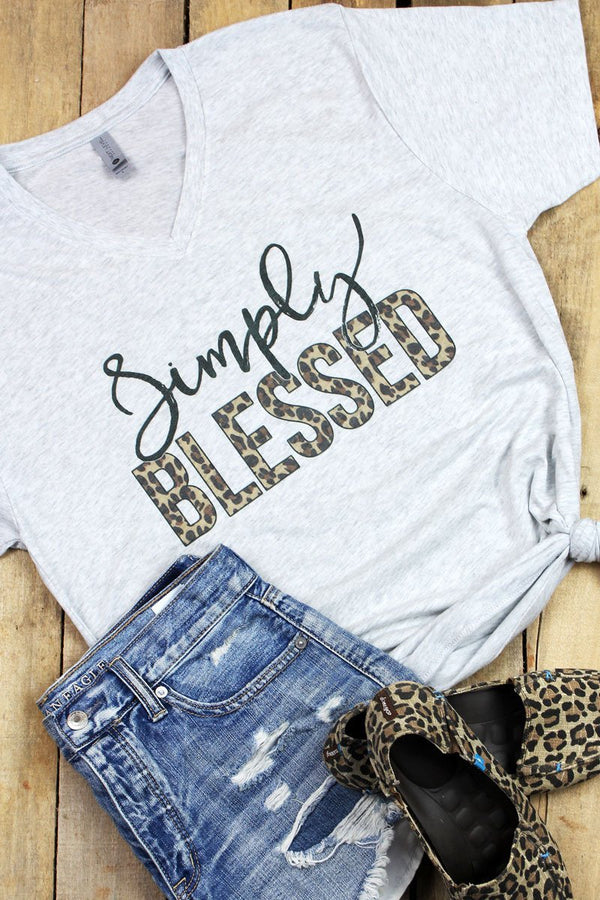 Simply Blessed Leopard Tri-Blend V Neck Tee Heather White