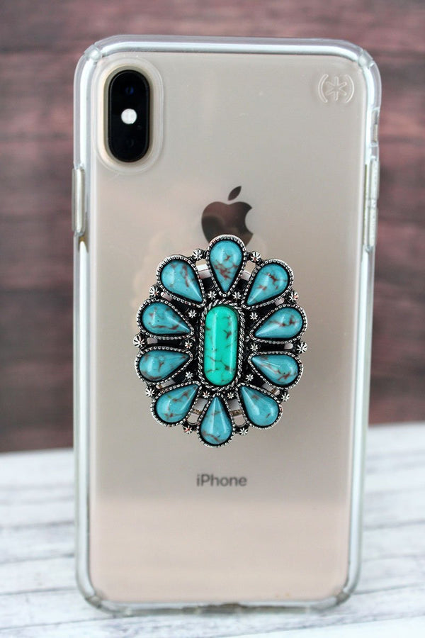 Turquoise Beaded Burnished Silvertone Scalloped Oval Cell Phone Grip Cover
