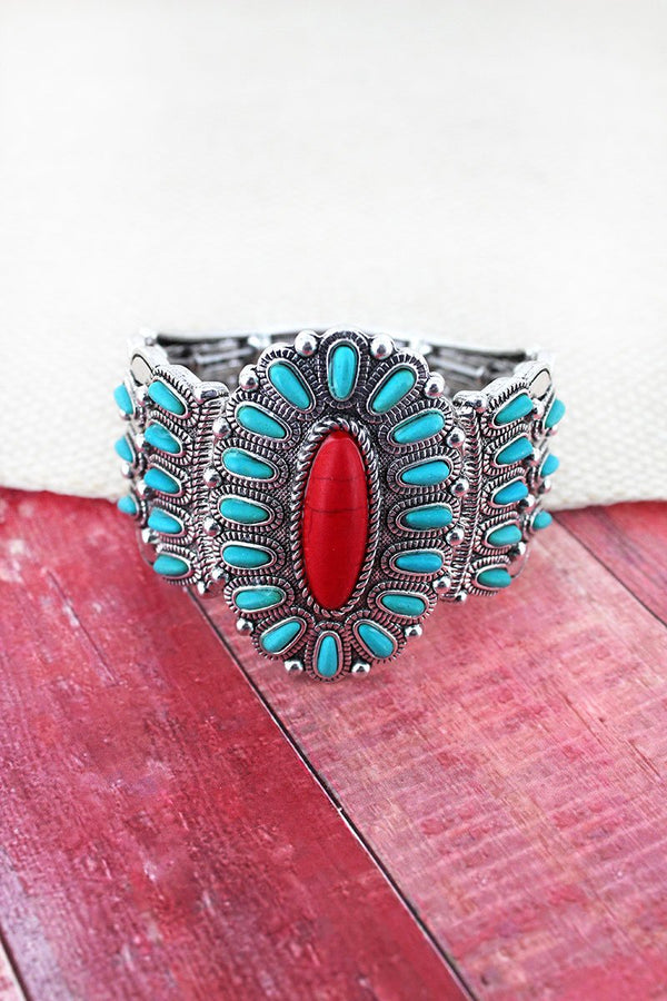 Turquoise and Coral Beaded Western Oval Stretch Bracelet
